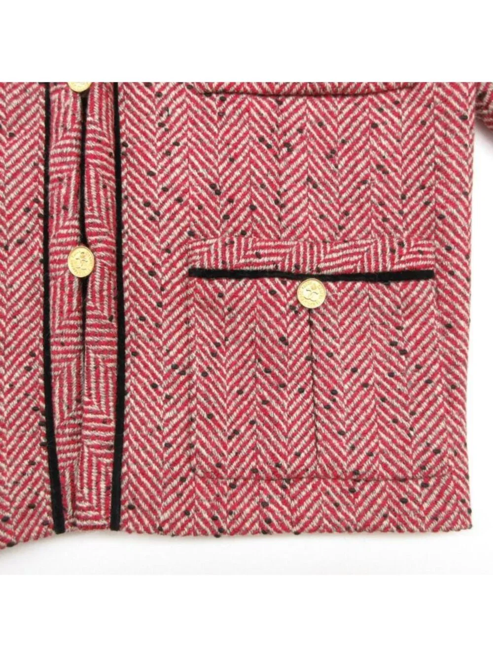 Chanel Collarless Jacket Tweed Trimming Herringbone Pattern CC Logo Gold Button